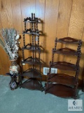 Two Wooden Corner Shelf Units and Decorative Vases