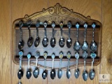 Vintage Spoon Collection with Wooden Display Rack