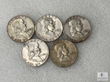 Five Mixed Date and Mint Franklin Half Dollars