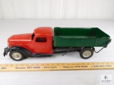 Buddy L Toys Tin Dump Truck Red and Black with Green Dump Bed