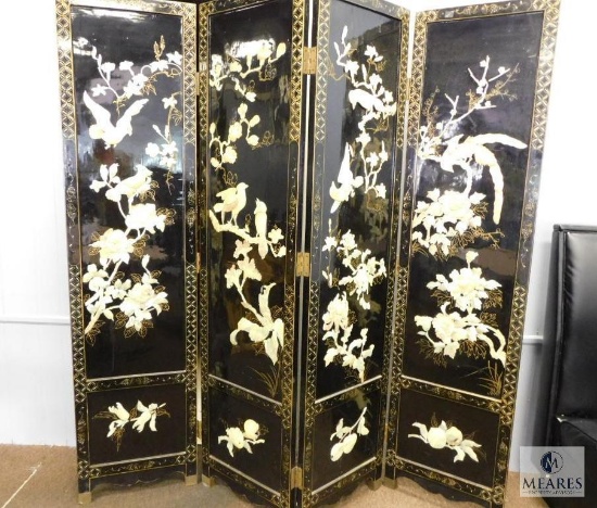 Four Panel Oriental Room Divider With 3-D Hand Carvings
