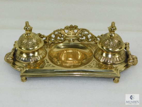 Vintage Cast Brass Double Inkwell Stand