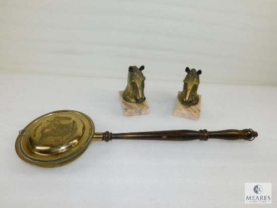 Brass Horse Heads Mounted on Marble and Ash Tray with Welsh Lady