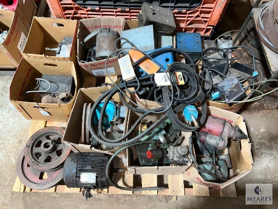 Large Lot of Machine Parts, Motors, Belts, Pulleys