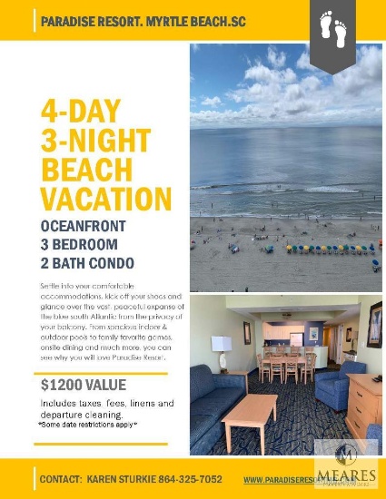 Three night, Four day beach vacation oceanfront, 3 BR/2BA Paradise Resort, Myrtle Beach