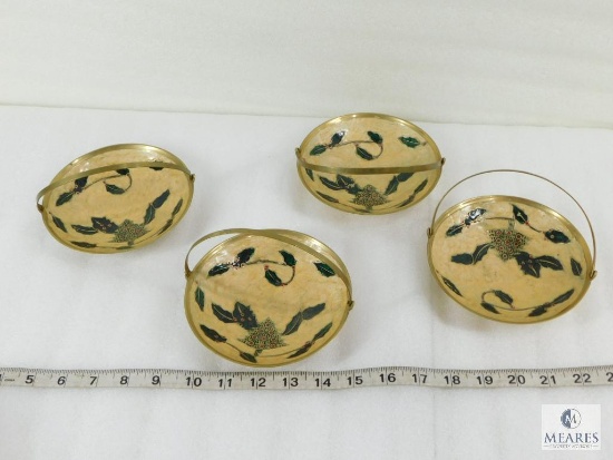Set of Four Brass and Enamel Holly Tree Trays With Folding Handles