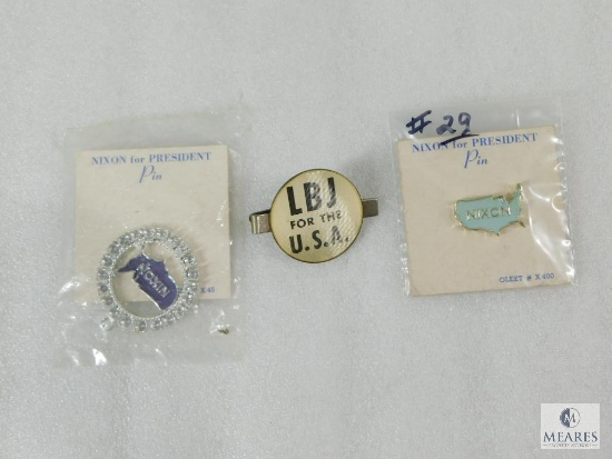 Lot of Two Nixon for President Pins and LBJ Hologram Tie Clip