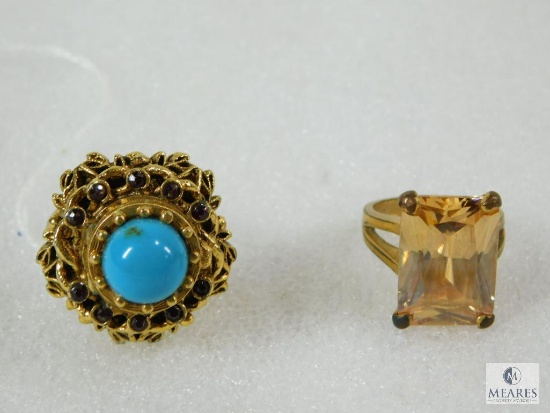 Lot Two Ladies Vintage Rings (1) Florenza Gold Faux Turquoise and (1) Simulated Rose Topaz