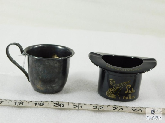 .820 Sterling Silver Child's Cup Marked Denmark and 1950's Advertising Top Hat Art Deco Ashtray