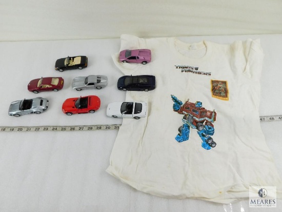 Lot of Eight Maisto Toy Cars and Vintage Transformers T-Shirt