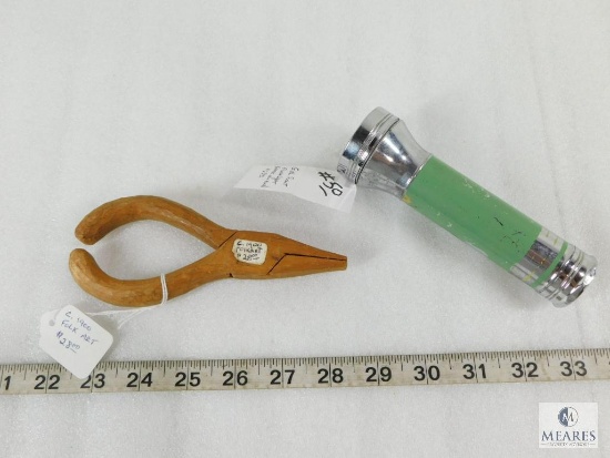 Vintage Girl Scout Flashlight and Wooden Folk Art Pliers