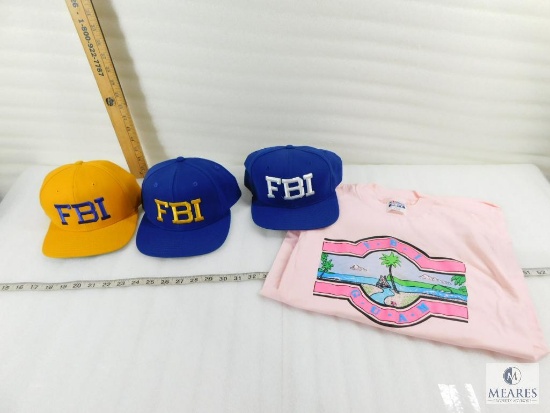 Set of Three Authentic FBI Hats and a FBI Guam T shirt Size Small