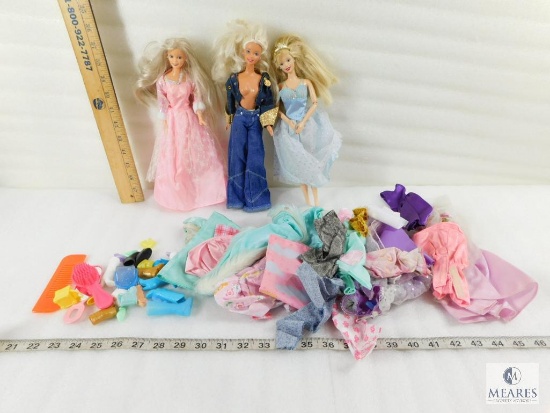 Collection of Three Dolls and a bag of Clothing, Shoes and Brushes