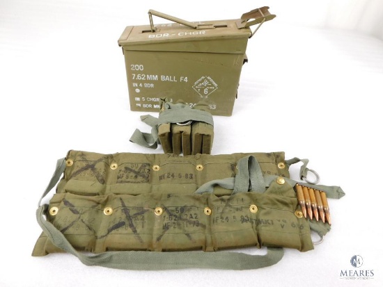 Approximately 150 Rounds 7.62x51 (.308) Ammo Stripper Clips & Bandoliers Metal Can