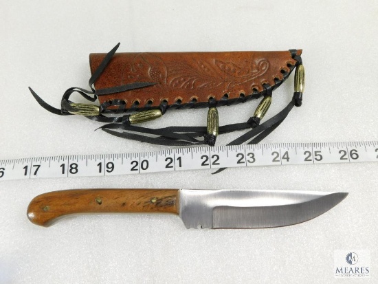 New Burlwood Handled Stainless Fixed Blade Hunter with Leather sheath