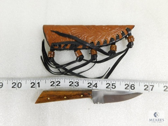 New Burlwood Handled Stainless Fixed Blade Hunter with Leather Sheath