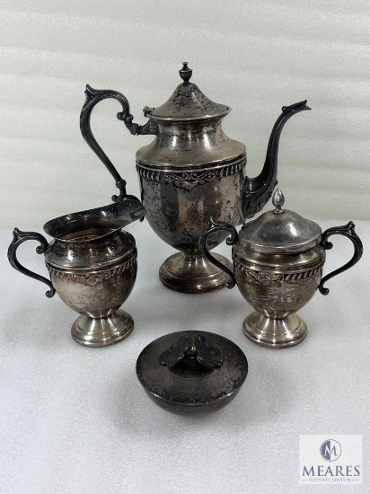 Vintage Silver Plated On Copper Four Piece Tea Set, Teapot, Creamer, Sugar and Bowl with Lid