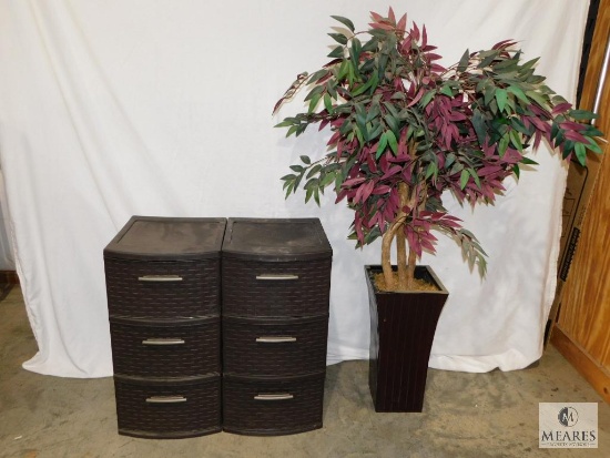 Lot of Two Sterilite Three Drawer Storage Cabinets and Faux Tree