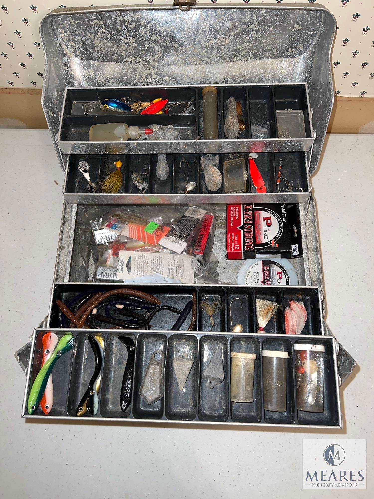 Vintage Metal Fishing Tackle Box with Baits