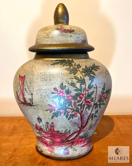 Chinese Lidded Jar Beige & Gold with Boating Scene