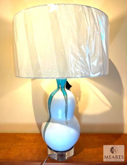 Ceramic Gourd with Aqua Drip Table Lamp with White Drum Shade 31"