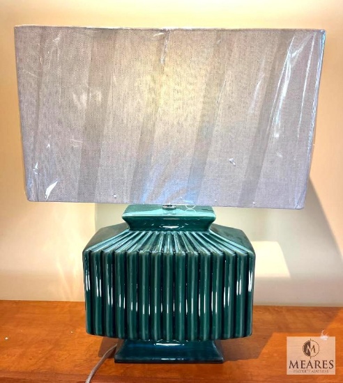 Green Pottery Ribbed Rectangular Ceramic Table Lamp with Beige Shade 23.5"