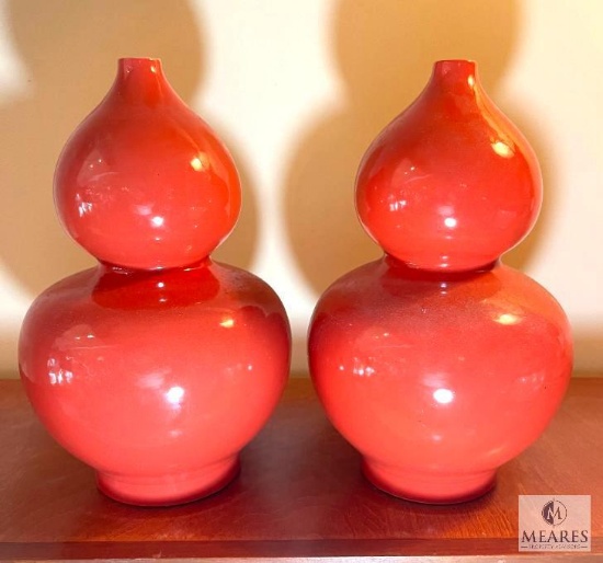 Pair Persimmon Glazed Ceramic Gourd Vases 14" Tall