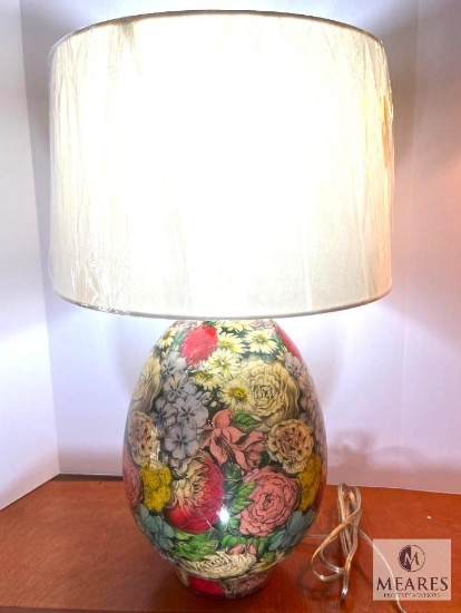 Floral Bouquet Glass Base Table Lamp with Ivory Drum Shade 28"