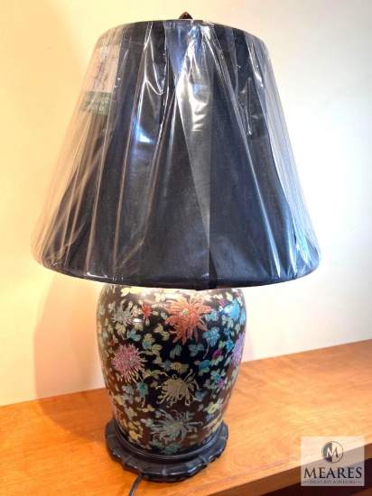 Black Floral Lotus Ceramic Urn Table Lamp with Black Bell Shade 27"