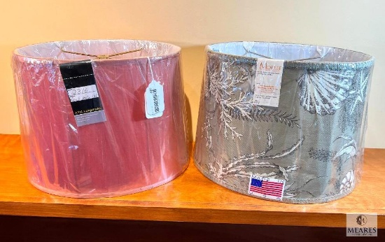 Lot of Two Oval Empire Lampshades in Red and Gray Ocean Pattern