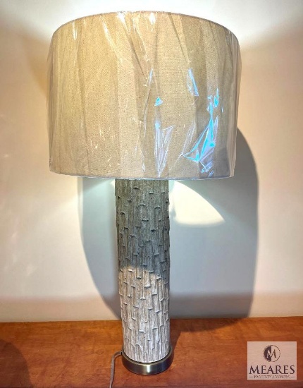Ceramic Column Gray Base Table Lamp with Ivory Shade 32"