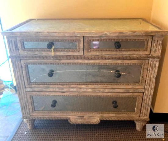 Rustic Weather Wood and Mercury Mirror Two Over Two Dresser