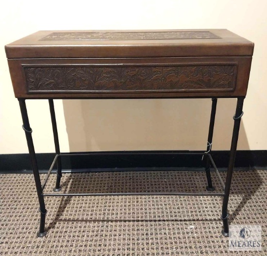 Tooled Leather Storage Box Table Black Metal Stand