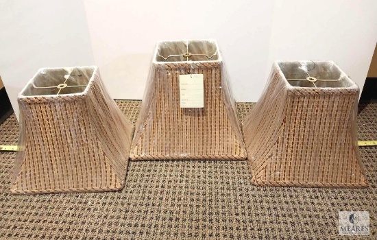 Set of Three Buffet Lamp Style Square Corner Bell Lampshades Burgundy & Tan Pattern