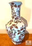 Birds on a Branch Hexagon Shaped Vase in Ivory and Brown Tones