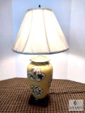 Yellow Floral Ceramic and Brass Base Table Lamp with Ivory Bell Shade