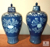 Pair of Blue & White Floral Design Ceramic Lidded Urns