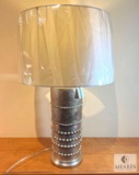 Cera Beaded Silver Column Table Lamp with Oyster Silk Drum Shade 28