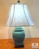 Green Crackle Glaze Ceramic Urn Table Lamp with White Cut Corner Square Shade 25.5