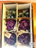 Set of Four Amethyst Ball Ornaments and Two Glass Green Grape Clusters