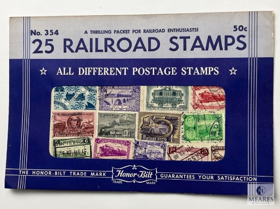 Railroad Stamps, 25 Different Stamps, A Thrilling Packet For Railroad Enthusiasts, Unopened Envelope