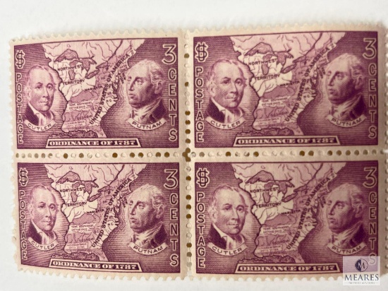 # 795 - 1937 3c Northwest Ordinance, Cutler & Putnam Plate Block of Four Stamps