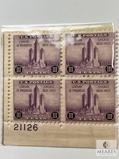 # 729 - 1933 3c Federal Building at Chicago Plate Block of Four Stamps