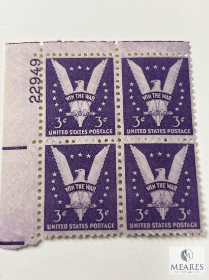 #905 1942 3c Stamps, Win The War Plate Block of Four Stamps Stamps
