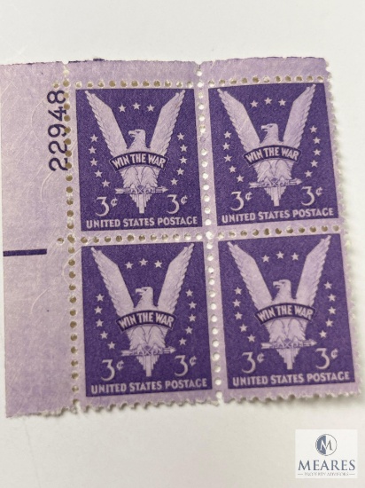 #905 1942 3c Stamps, Win The War Plate Block of Four Stamps Stamps