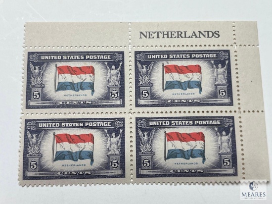 #913 - 1943 Overrun Countries: 5c Flag of Netherlands Plate Block of Four Stamps
