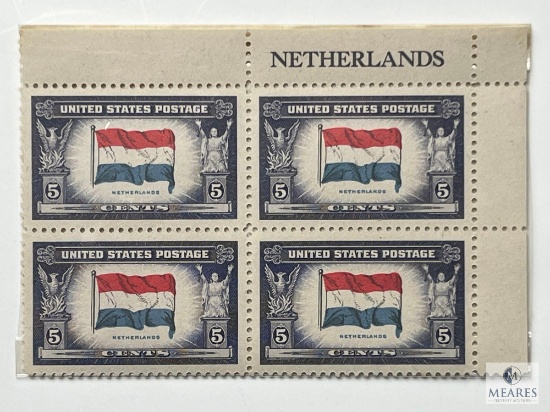 #913 - 1943 Overrun Countries: 5c Flag of Netherlands Block of Four Stamps