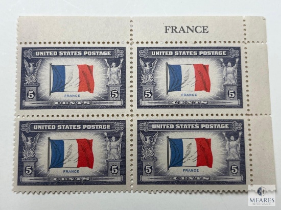 #915 - 1943 Overrun Countries: 5c Flag of France Plate Block of Four Stamps