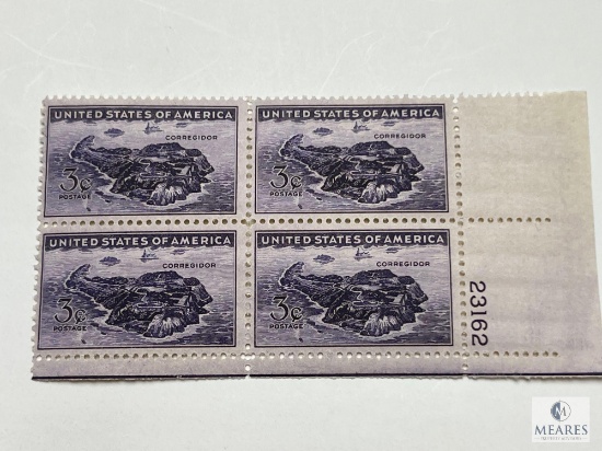 #925 - 1944 3c Corregidor, Manila Bay, Plate Block of Four Stamps