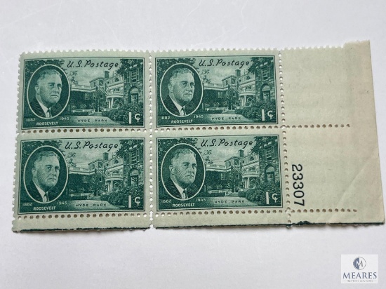 #930 - 1945 1c Roosevelt and Hyde Park Plate Block of Four Stamps